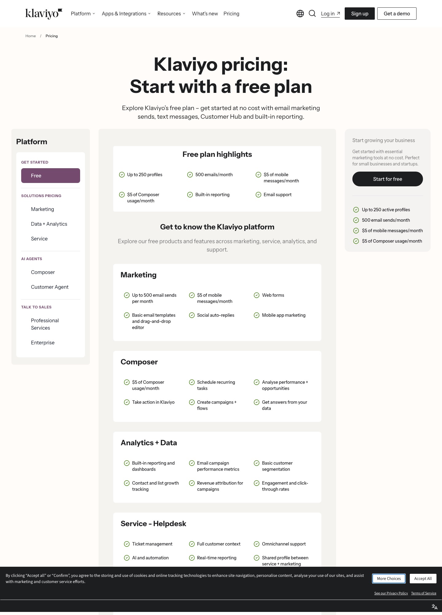 Klaviyo prijsweergave met het gratis plan: maximaal 250 profielen, 500 e-mails per maand en $5 aan mobiele berichten