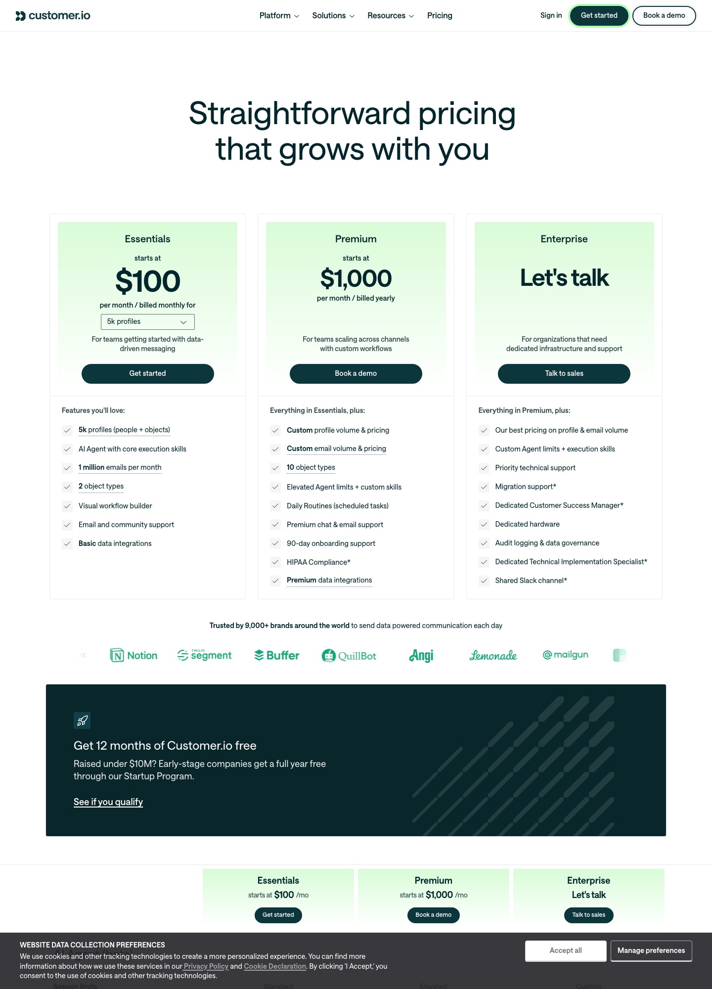 Customer.io-prijsweergave met Essentials vanaf $100 per maand, maandelijks gefactureerd voor 5.000 profielen